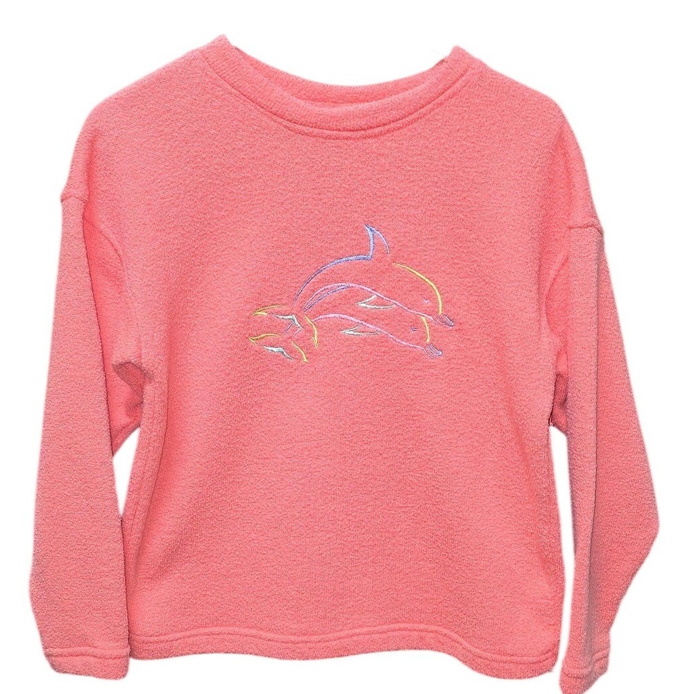 Exist Sports Line Pink Dolphin Embroidered Sweatshirt Textured Boucle Pullover S